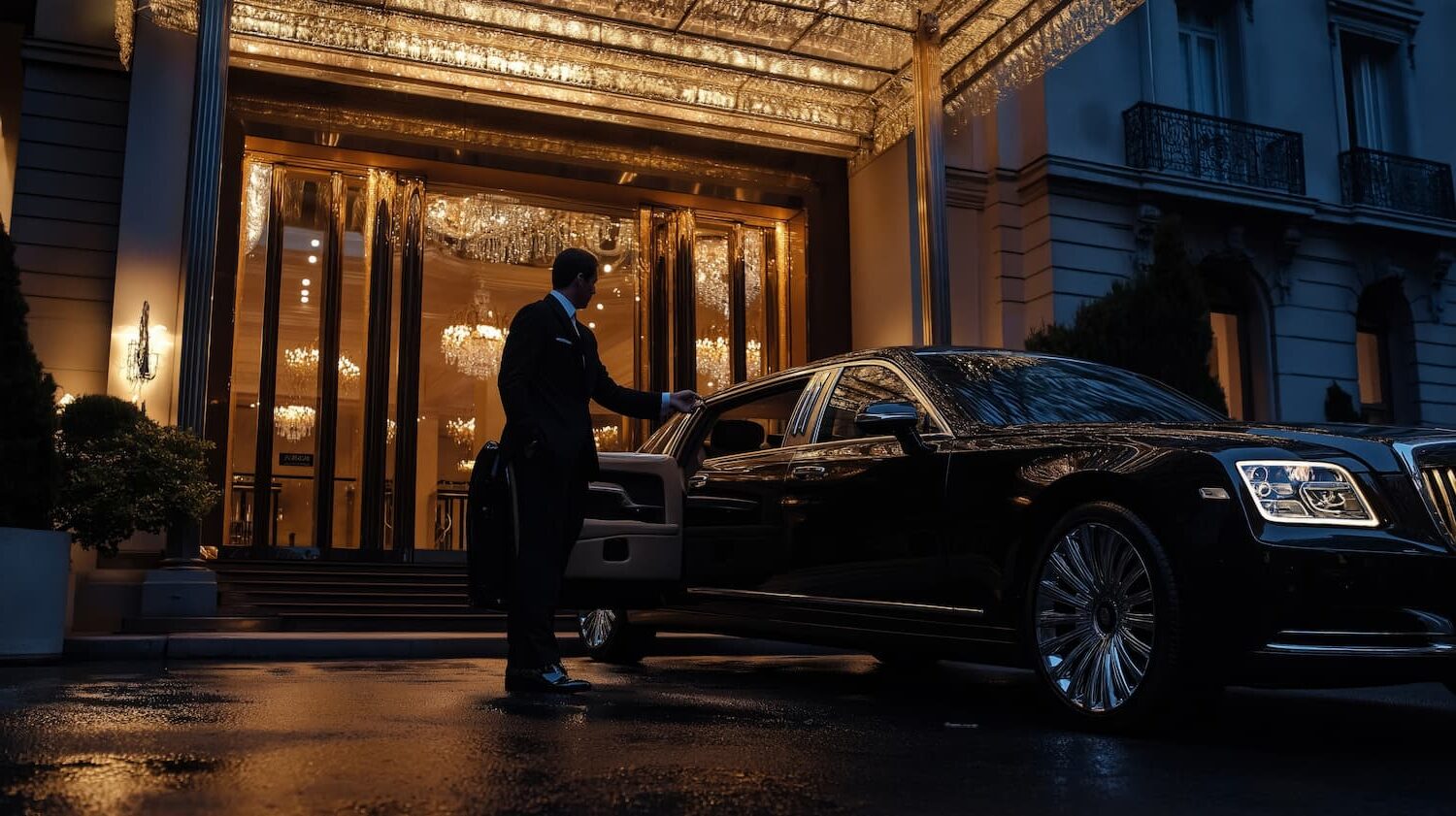 Professional chauffeur standing beside a black luxury car for limo service in Greensboro, NC