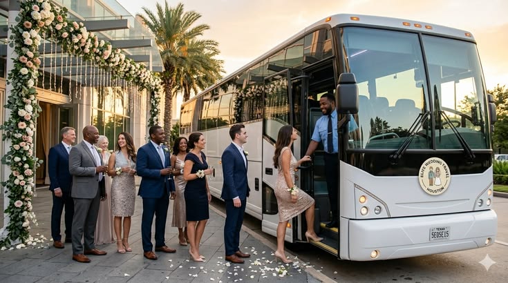 Wedding party posing in front of a decorated luxury bus for wedding transportation