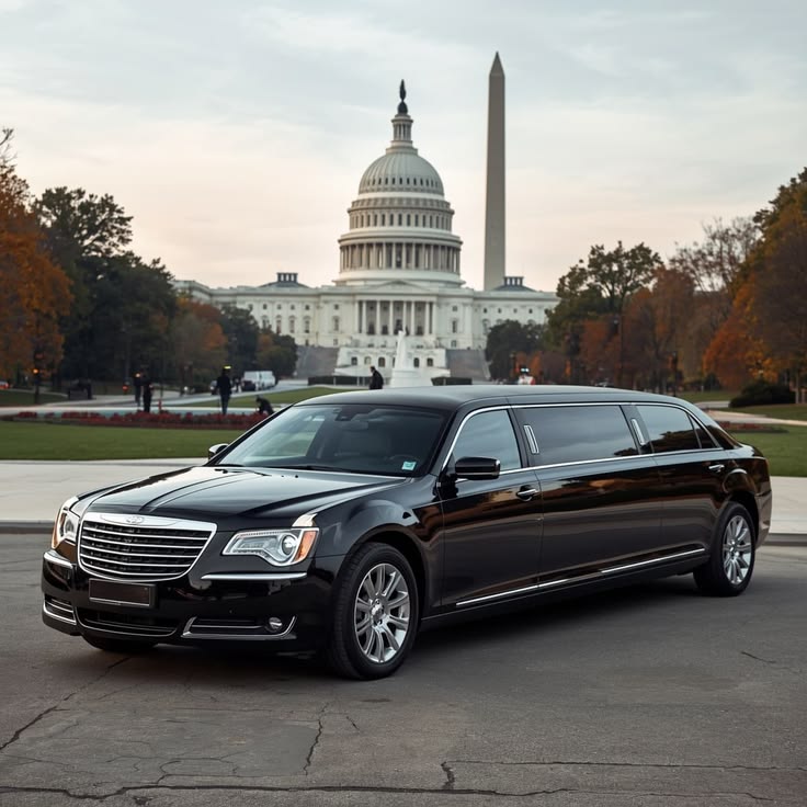 Black limousine parked in front of a Capitol building