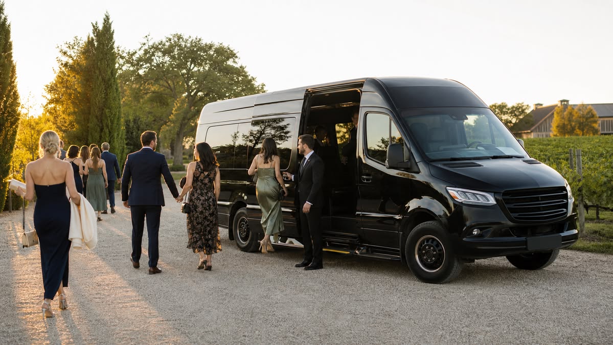Text: Luxury Mercedes-Benz Sprinter for group transportation in Greensboro NC