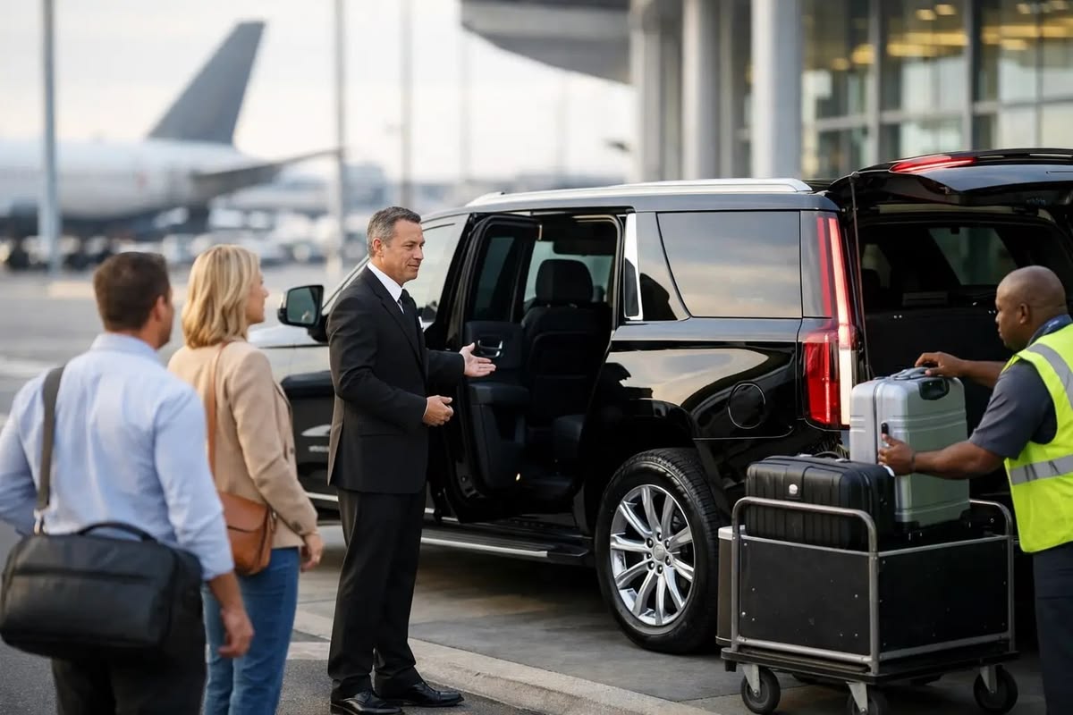 Couple standing beside a black limo for private transportation in Greensboro, NC